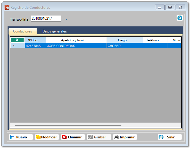 1. Pantalla principal: Registro de Conductores